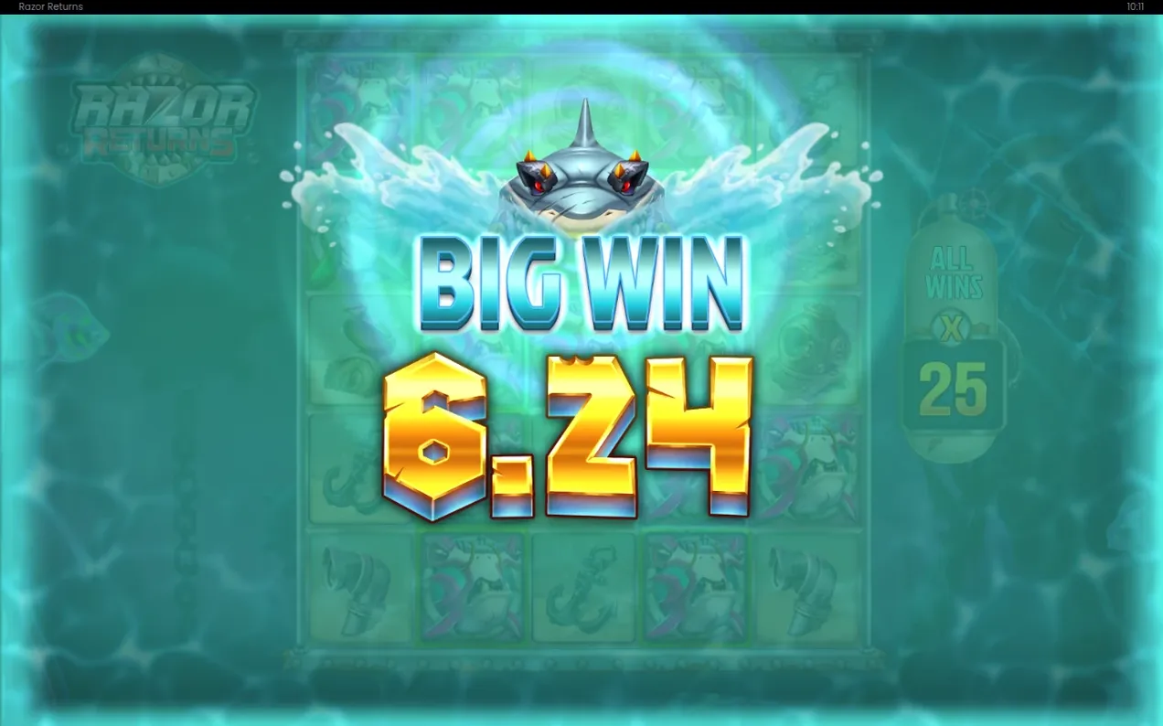 Big Win von 6,24 fun während der Freispiele, Multiplikator ALL WINS x25, türkisfarbene Szene mit Hai-Kopf.