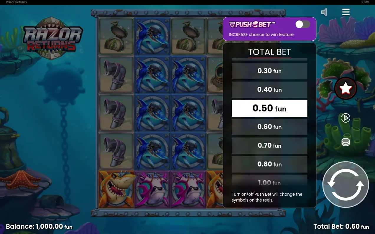 Wettmenü über den Walzen: Push Bet aus, Einsatz 0,50 fun markiert, Leiter von 0,30 bis 1,00 fun.