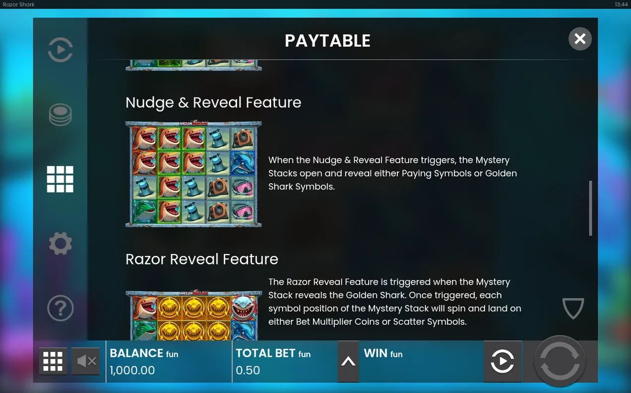 Paytable erklärt Nudge & Reveal Feature und Razor Reveal Feature mit Walzengrafiken und goldenen Haien.