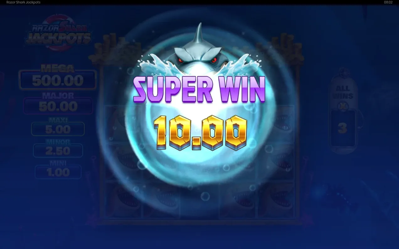 Super-Win-Anzeige mit grimmigem Hai in leuchtendem Kreis, Gewinn 10.00, Jackpot-Leiste links sichtbar
