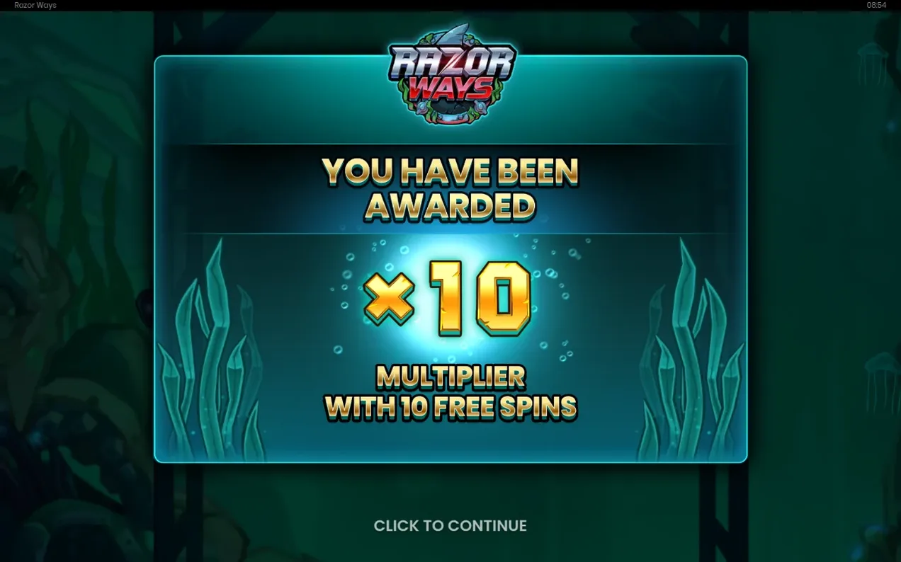 Bonus-Bildschirm zeigt x10 Multiplikator mit 10 Freispielen vor Rundenstart.