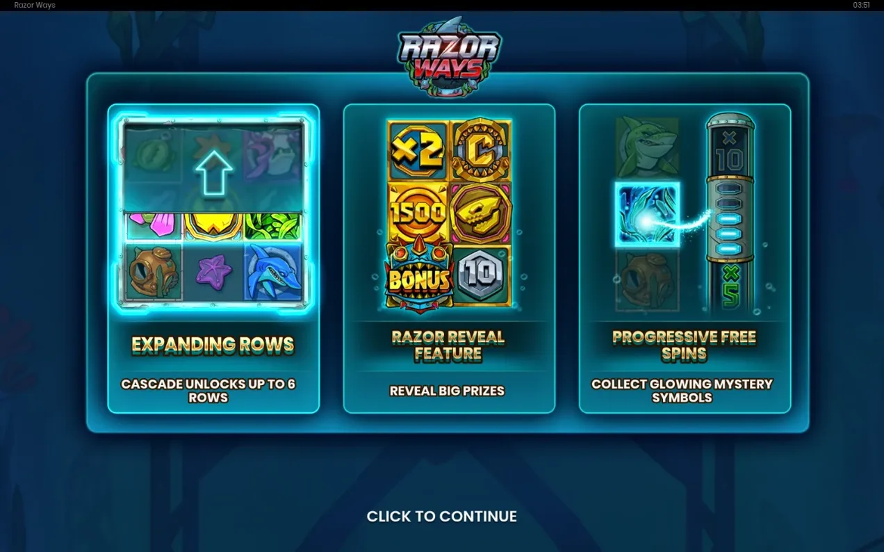 Feature-Übersicht zeigt Expanding Rows, Razor Reveal Feature und Progressive Free Spins nebeneinander.
