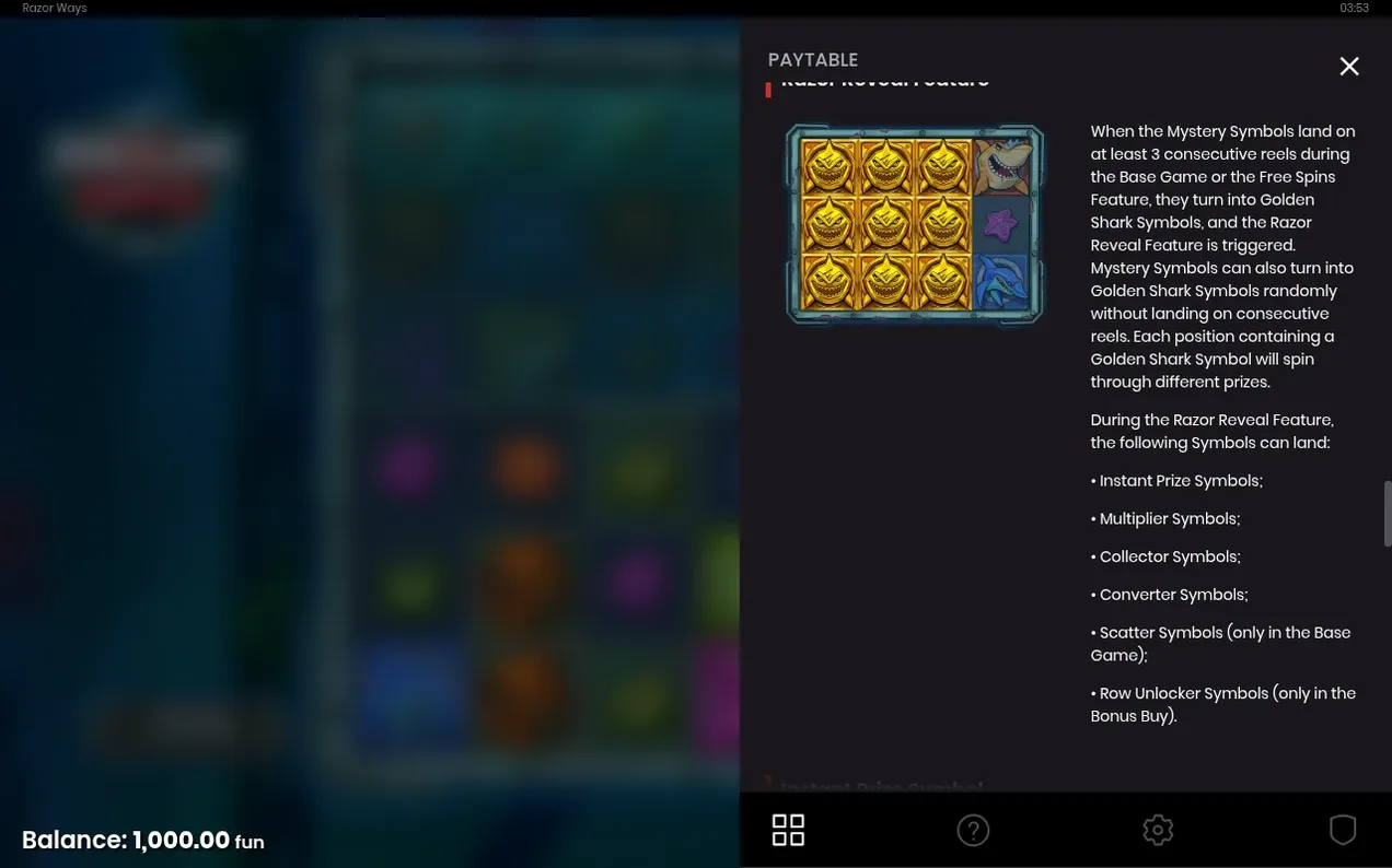 Paytable erklärt das Razor Reveal Feature mit goldenem Hai-Symbolraster und einer Symbol-Liste.
